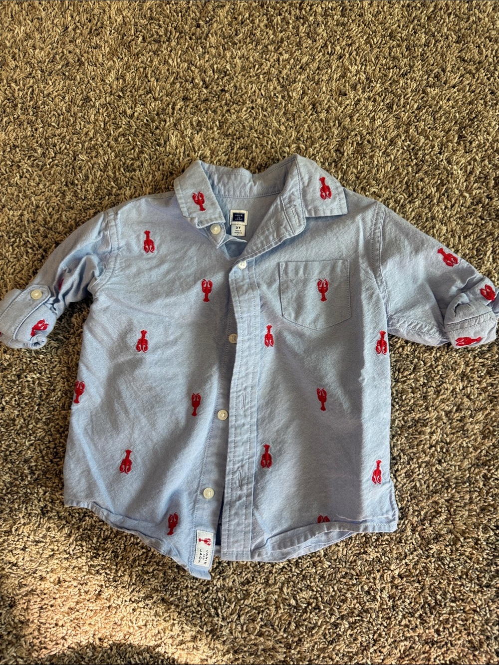Janie and Jack Toddler Blue Button-Up Shirt with Red Lobster Embroidery